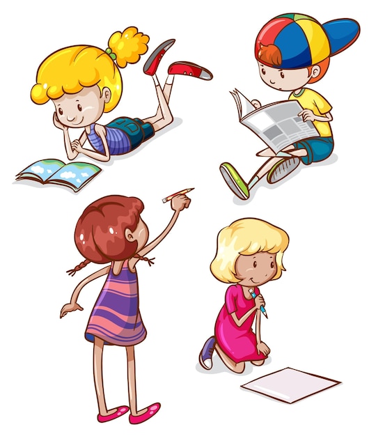 Free Vector simple sketches of kids reading and writing