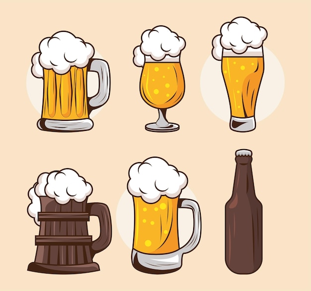 Free Vector six beers drinks set icons