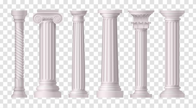 Six isolated and realistic antique white columns icon set on transparent surface illustration