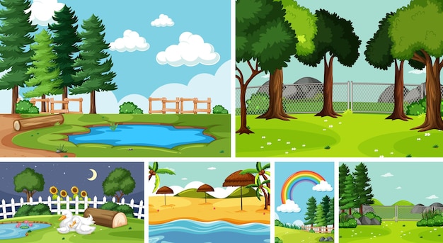 Free vector six nature scenes with different locations