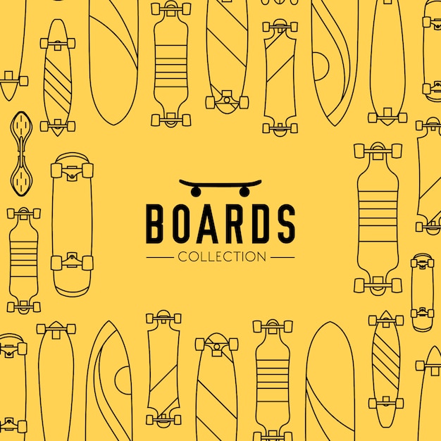 Skateboard and skateboarding collection background with skateboards