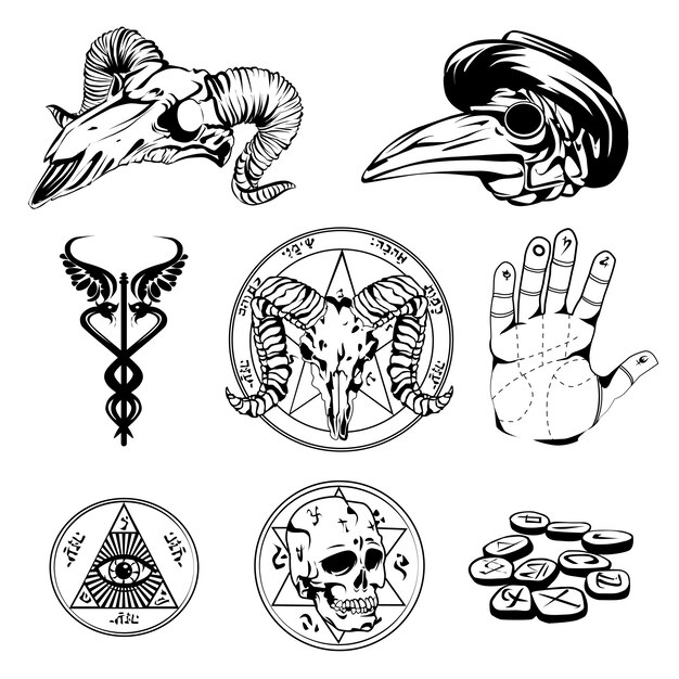 Sketch Set Of Esoteric Symbols And Occult Attributes