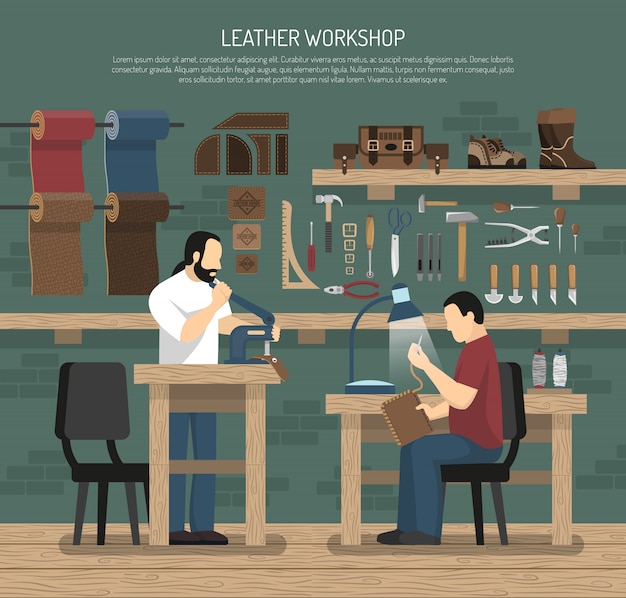 Free Vector skinners working in leather workshop 