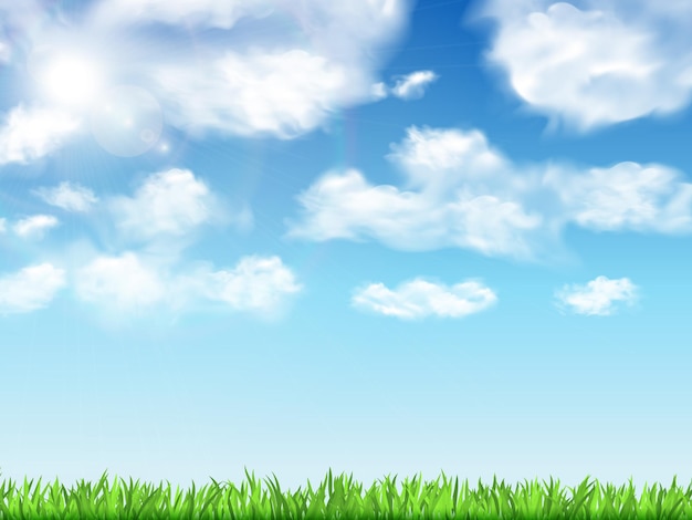 Free Vector sky realistic landscape with clouds and grass vector illustration