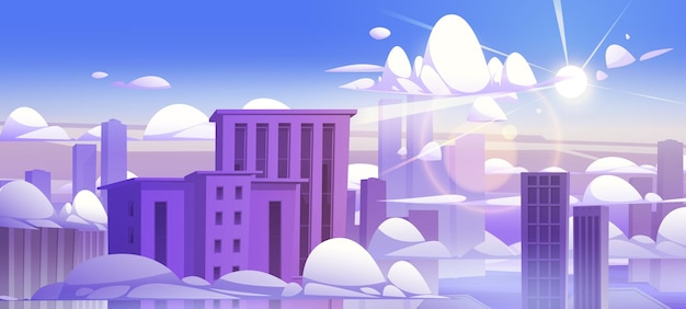 Free vector skyscrapers above clouds highrise city buildings rooftops peek up up of cumulonimbus cloudscape in blue sky and sun shine urban view background downtown architecture cartoon vector illustration