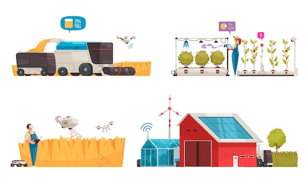 Free Vector smart farm set with isolated compositions of automated vehicles for clean energy illustration