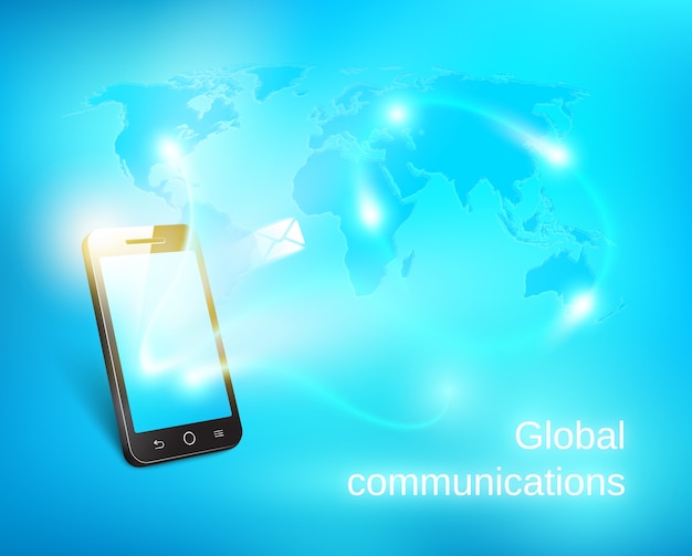 Free Vector smart phone sending out message on blue world map background