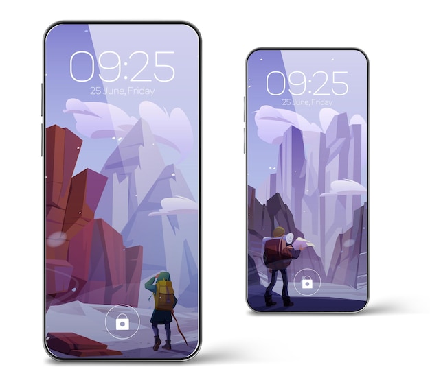 Smartphone with screensaver wallpaper with winter mountain landscape and hiker