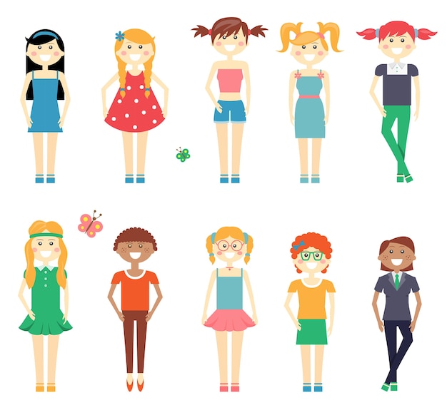 Free vector smiling funny girls character set with school girls in dresses  shorts and slacks  redhead  blond and brunette with diverse hairstyles isolated on white