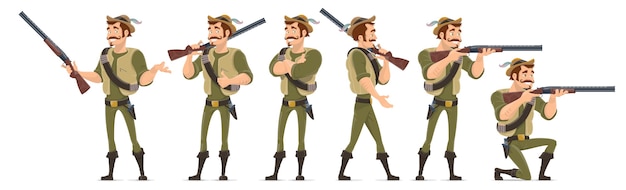 Smiling hunter characters collection in various poses with shotgun knife and bullets isolated