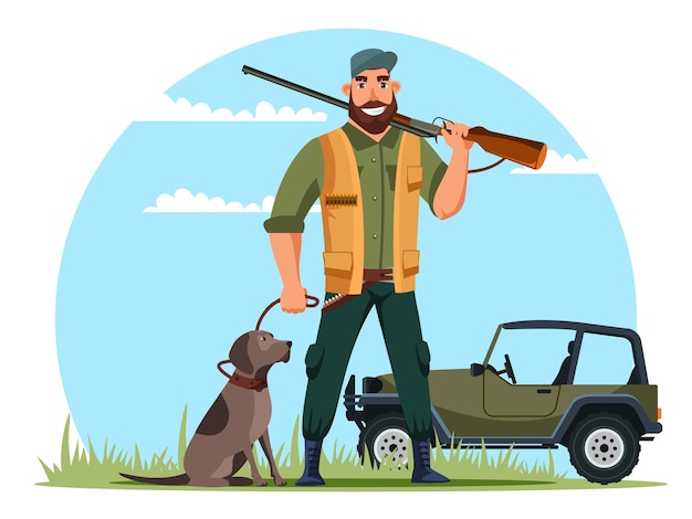 Smiling hunter holds gun with his dog and car Hunting sport and open season safari hunter club society man hobby concept