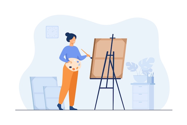 Free Vector smiling woman standing near easel and painting flat illustration.