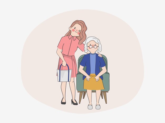 Smiling woman with happy elderly woman in nursing home Hand drawn doodle cartoon doctor character