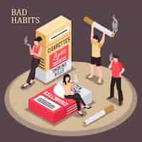 Free vector smoking addiction isometric composition men and women with burning cigarette on dark background illustration