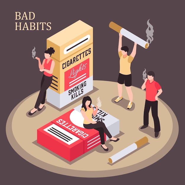 Free Vector smoking addiction isometric composition men and women with burning cigarette on dark background illustration