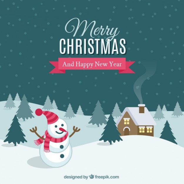 Free Vector snowy landscape background with a snowman