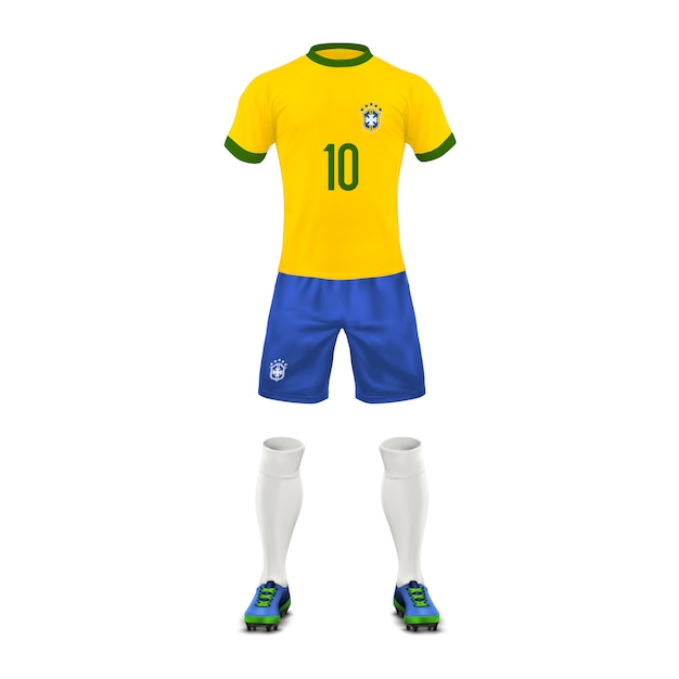 Free Vector soccer uniform of a brazil team, set of sports wear, shirt, shorts, socks and boots