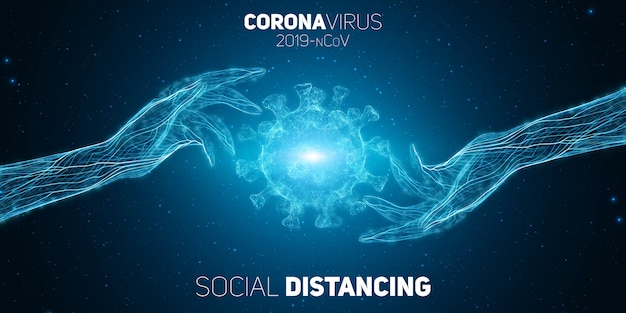 Social distancing concept two hands separate from each other to prevent COVID-19 coronavrius disease. Pathogen protection  illustration. COVID-19 virus concept background.