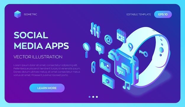 Social media apps on a Smart Watch Social media 3d isometric icons Mobile apps Created For Mobile Web Decor Application Perfect for web design banner and presentation Vector Illustration