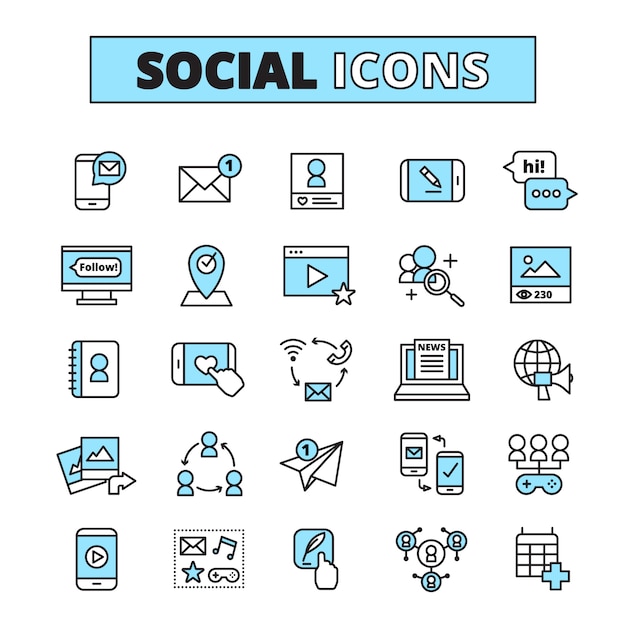 Social media line icons set for internet community email communication and group network share isolated
