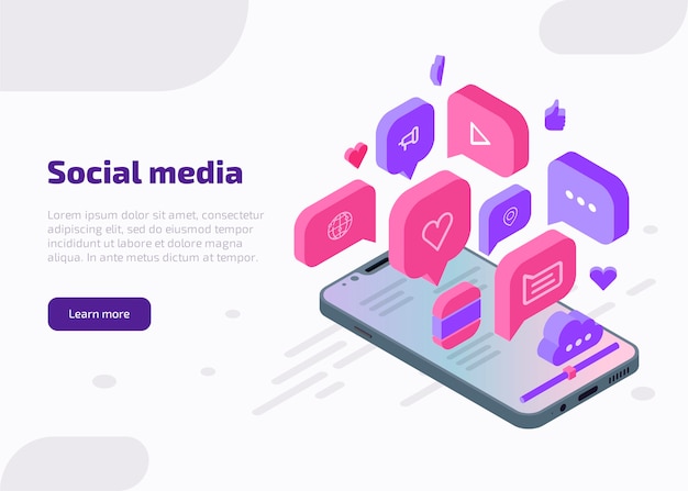Free vector social media marketing isometric web banner, landing page template. influencer concept with like, chat, video, music, heart, cloud, internet icons from smartphone screen.