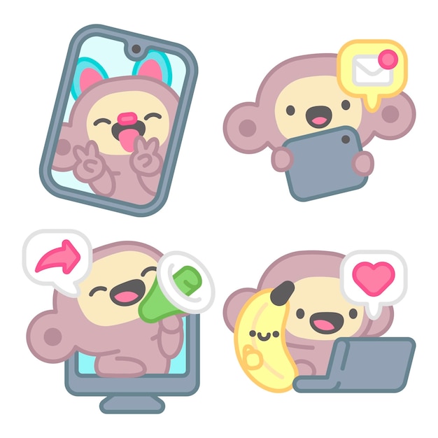 Free Vector social media stickers collection with monkey and banana