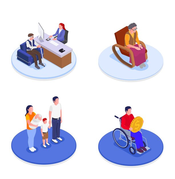 Social security 2x2 design concept set of family benefits help to elderly unemployed and disabled people isometric illustration