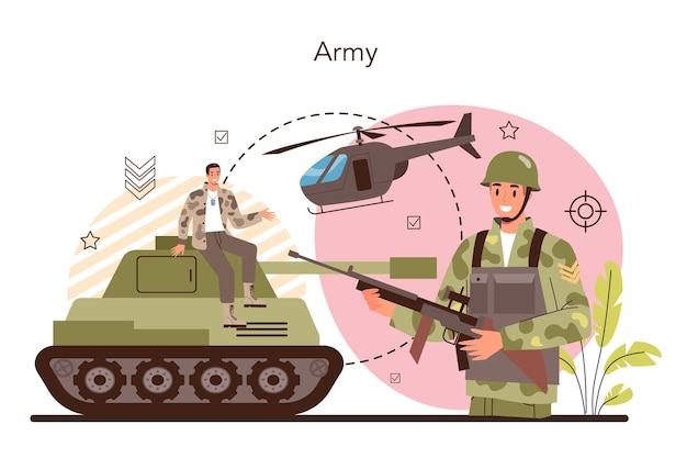 Free vector soldier concept millitary force employee in camouflage with a weapon army equipment and technology war strategy and tactic isolated flat vector illustration