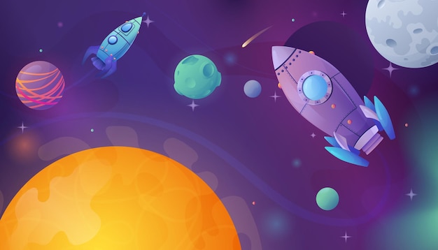 Free vector space cartoon composition with outer space scenery and planets with shiny stars comets and flying rockets vector illustration