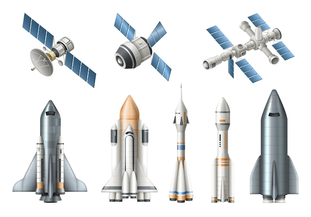 Free Vector spacecraft realistic set with isolated rocket satellite shuttle space station on white background vector illustration