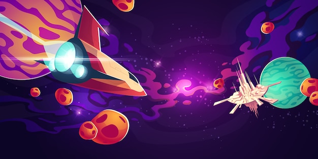 Free vector spaceship in outer space with planets or asteroids