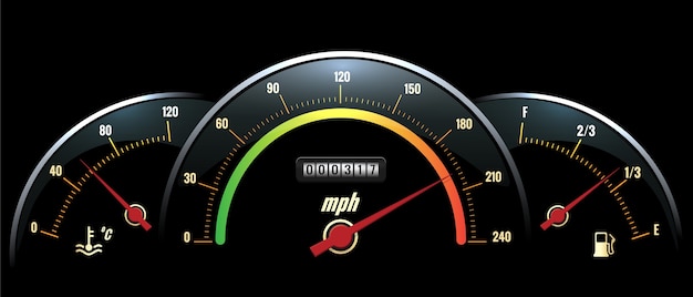 Free Vector speedometer panel. black panel temperature reading, speed and fuel with brightly colored scales.