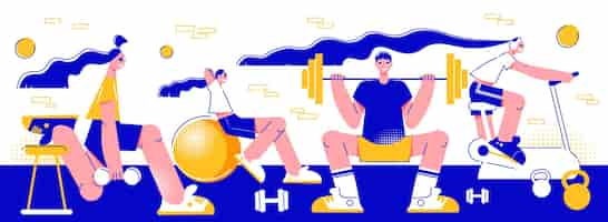 Free vector sport fitness workout center people exercising with barbels balance ball training machine flat horizontal composition illustration