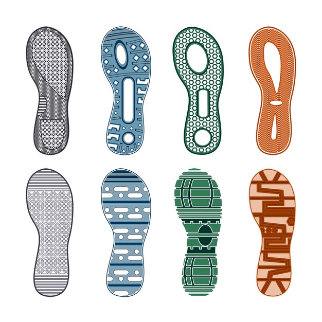 Sport shoes footprints colored set of different patterns on white background isolated 