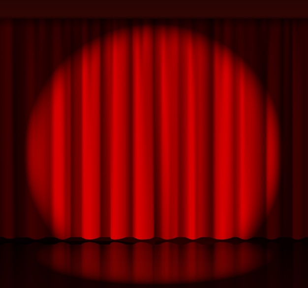 Spotlight on stage curtain. Event and show, fabric and entertainment. Vector illustration