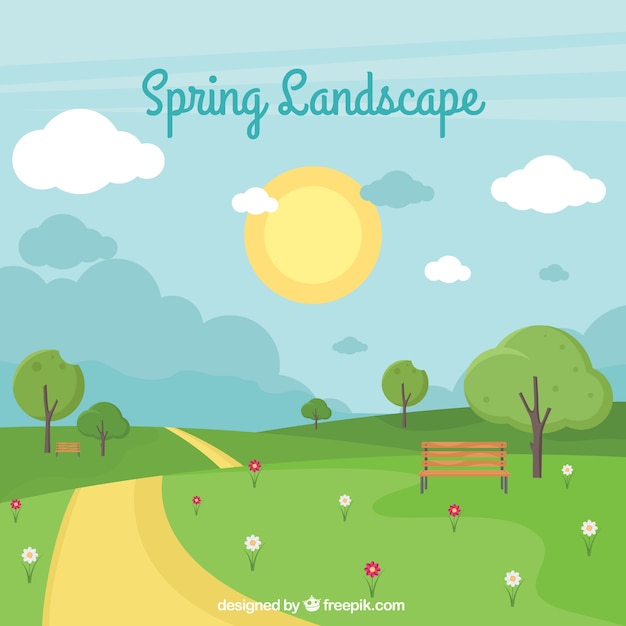 Spring landscape background in flat style