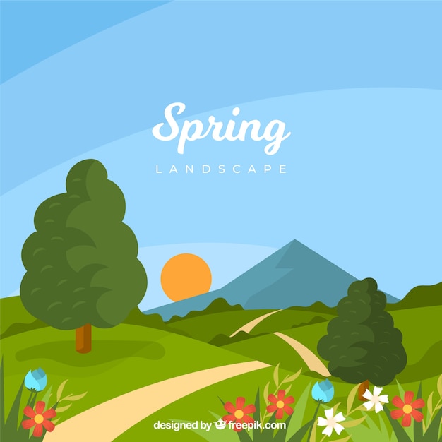 Spring landscape background in flat style