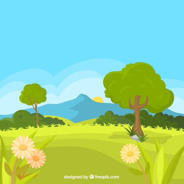 Free vector spring landscape background with meadow and daisies