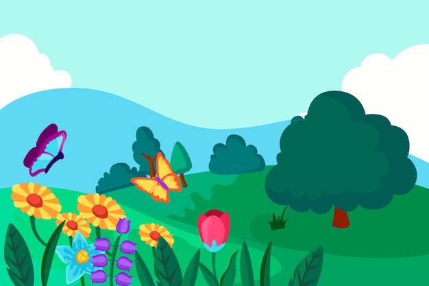 Free vector spring landscape with flowers and butterflies