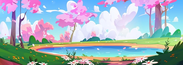 Spring landscape with pink flowering tree and lake