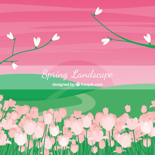 Free vector spring landscape with pink sky