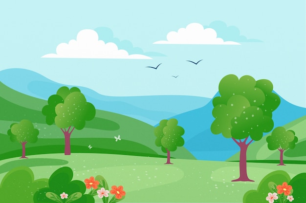 Free Vector spring landscape with trees and birds in the sky