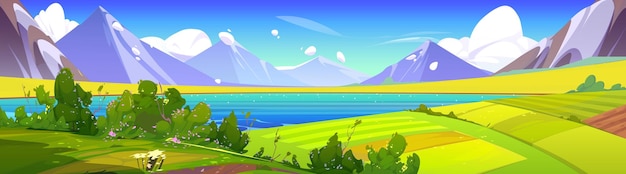 Spring mountain nature and green field vector landscape illustration Summer hill cartoon scenery with lake cloud and flower Sunny rural village valley near river and pasture farmland backdrop