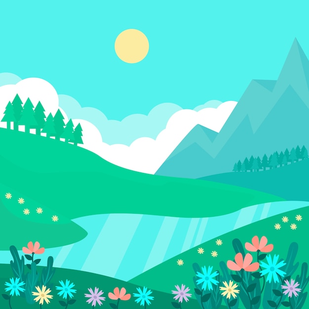 Free Vector spring natural landscape with river and mountains in daylight