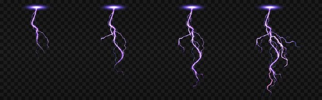 Sprite sheet with lightnings, thunderbolt strikes set for fx animation. realistic set of purple electric impact at night, sparking discharge of thunderstorm isolated on transparent background