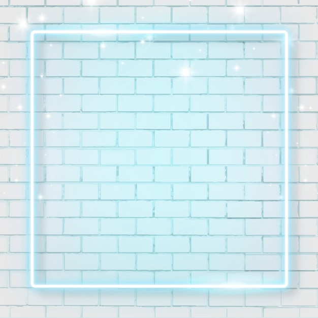 Free Vector square blue neon frame on brick wall background