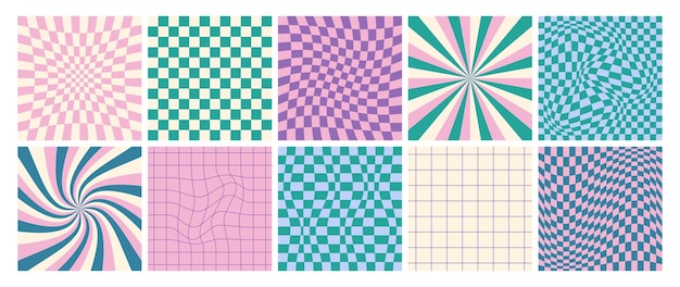Free vector square psychedelic checkerboards groovy checkered seamless pattern with distorted grid tile