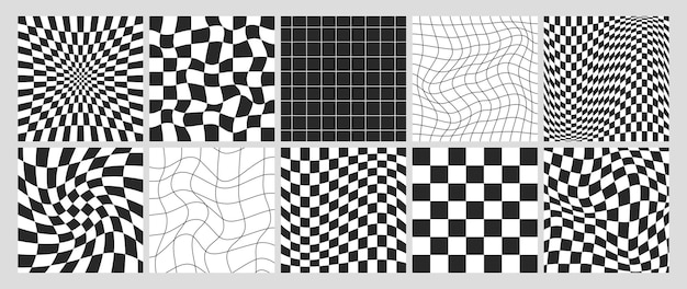 Free vector square psychedelic checkerboards with checkered seamless pattern with monochrome warped grid tile