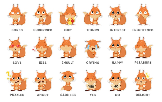 Free vector squirrel emoji sticker set on white background all kinds of emotios as sad puzzled and happy