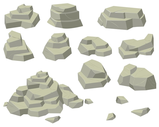 Free vector stacks of flat rocks set. heaps of natural stones of different sizes, rocky pyramids and steps isolated on white background.